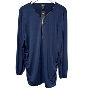 JM Collection Womens Top Plus Size 3X  Blue Ruched Stretch Tunic Zipper Neck NWT